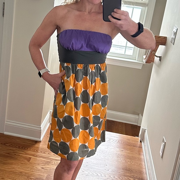 Strapless Anthropologie Hype Sundress polka dots colorful multicolor fit flare - Picture 2 of 14